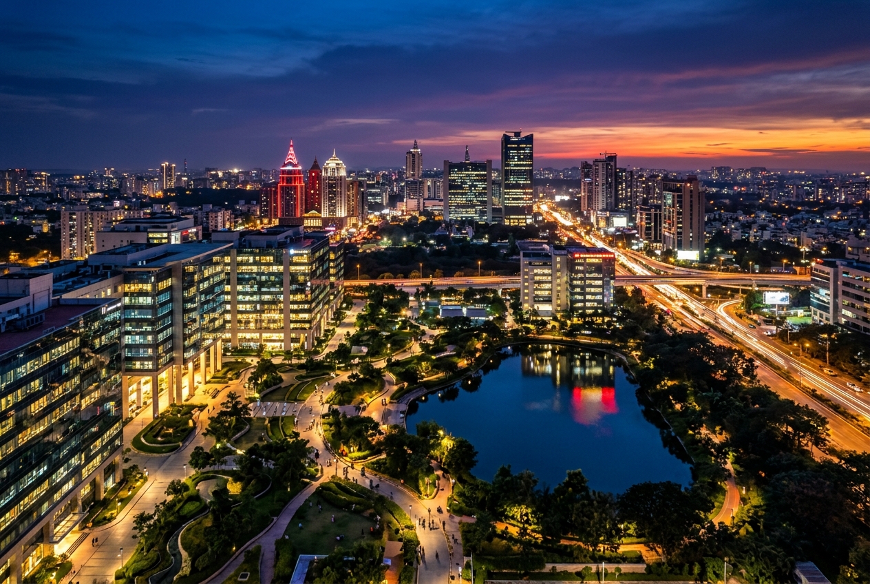 Panoramic aerial view of Bengaluru skyline showing illuminated tech parks, landscaped campus lake, and high-rise commercial towers at twilight