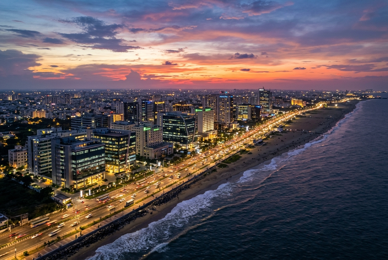 Panoramic aerial view of Chennai skyline showing illuminated glass towers along the OMR IT expressway and the coastal shoreline of the Bay of Bengal at dusk