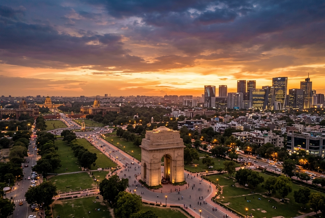 Panoramic aerial view of Delhi NCR urban skyline featuring modern glass commercial towers of Cyber City Gurugram and the grand architectural vista of India Gate at golden hour