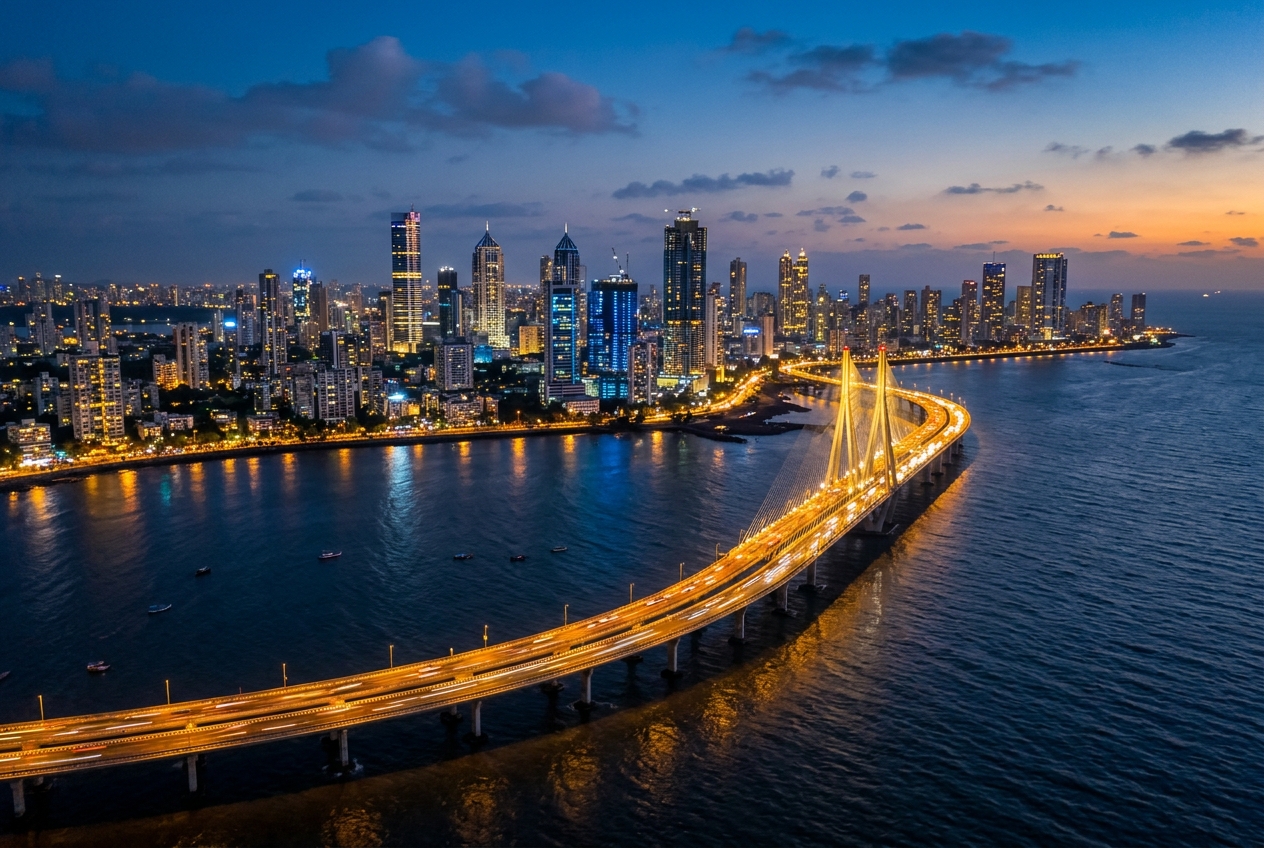Panoramic aerial view of Mumbai skyline showing the illuminated Bandra-Worli Sea Link curving over the Arabian Sea, modern high-rise towers of South Mumbai and BKC at twilight